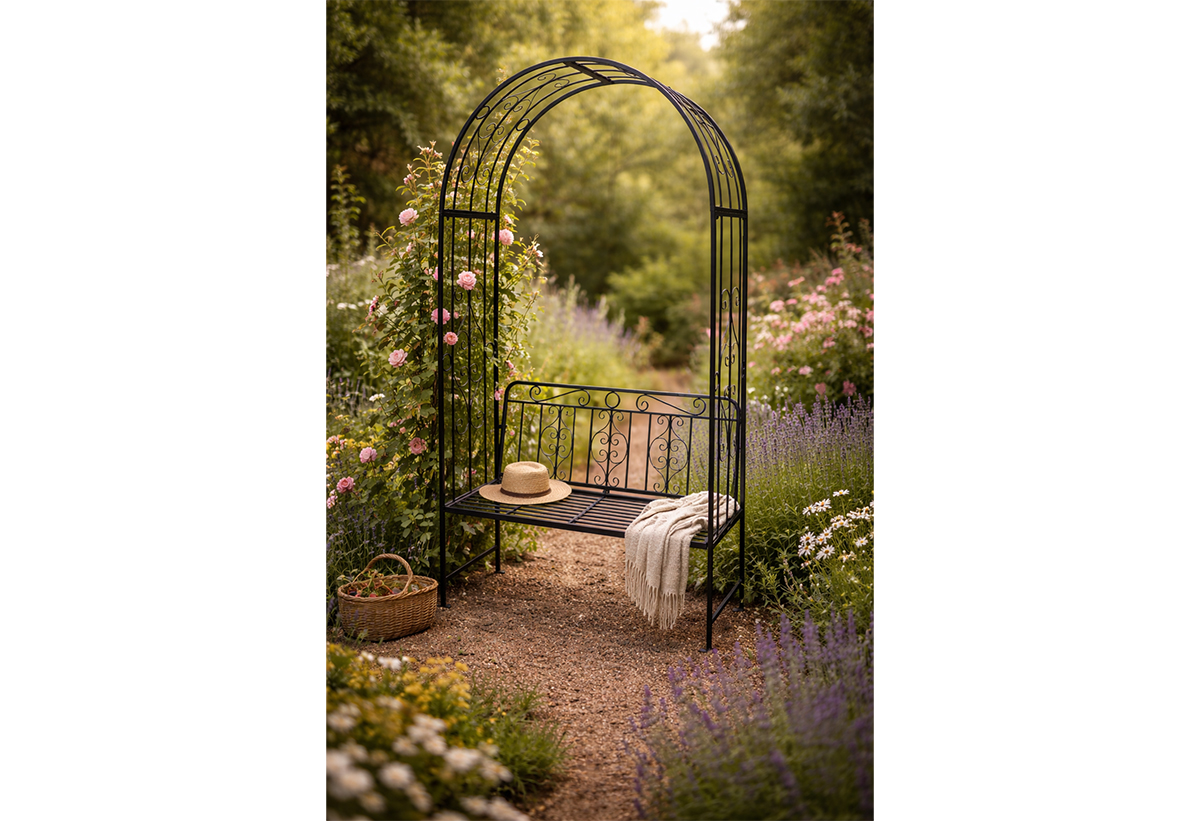 Απεικονίζεται το παγκάκι σε μια βεράντα.